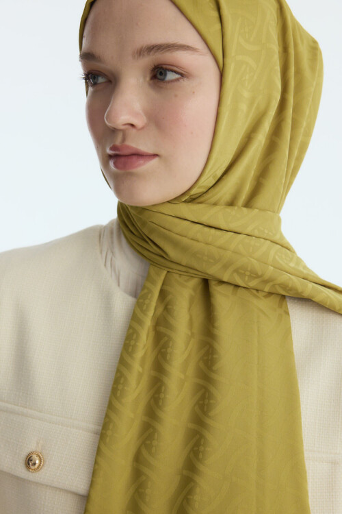 İpeksi Jakar Elegant Desen Şal - Yağ Yeşilli 