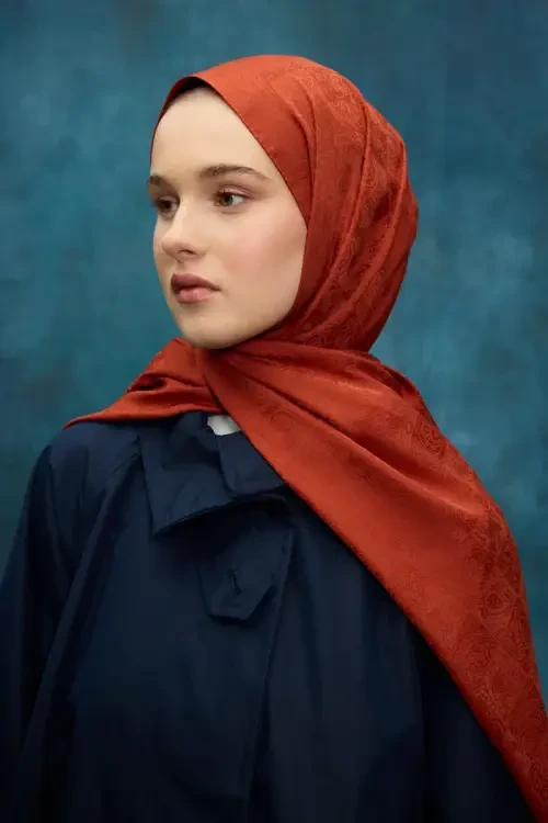 İpeksi Jakar Etnik Desen Şal - Kiremit - Camellia Scarfs (1)