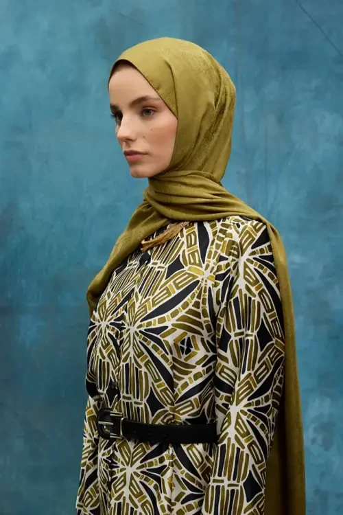İpeksi Jakar Etnik Desen Şal - Yağ Yeşili - Camellia Scarfs (1)