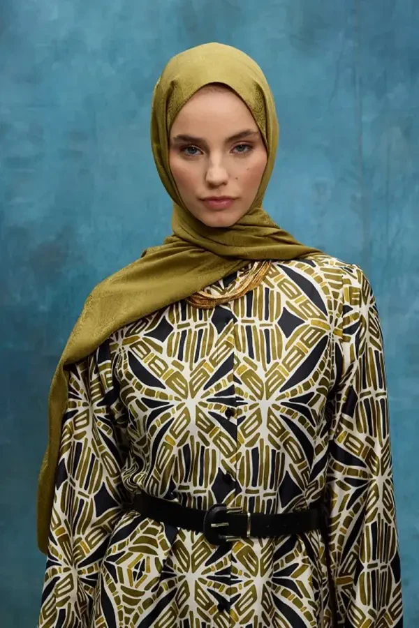İpeksi Jakar Etnik Desen Şal - Yağ Yeşili - Camellia Scarfs