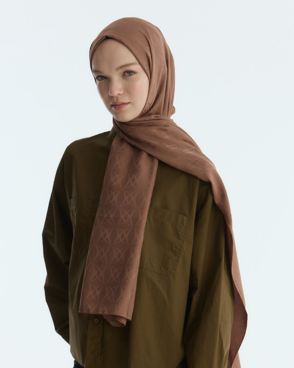 İpeksi Jakar Geometrik Desen Şal - Açık Kahve - 4