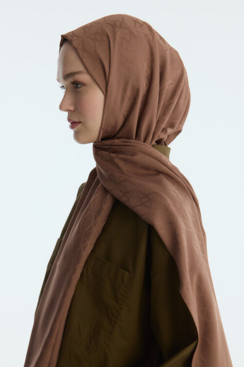 İpeksi Jakar Geometrik Desen Şal - Açık Kahve - Camellia Scarfs (1)