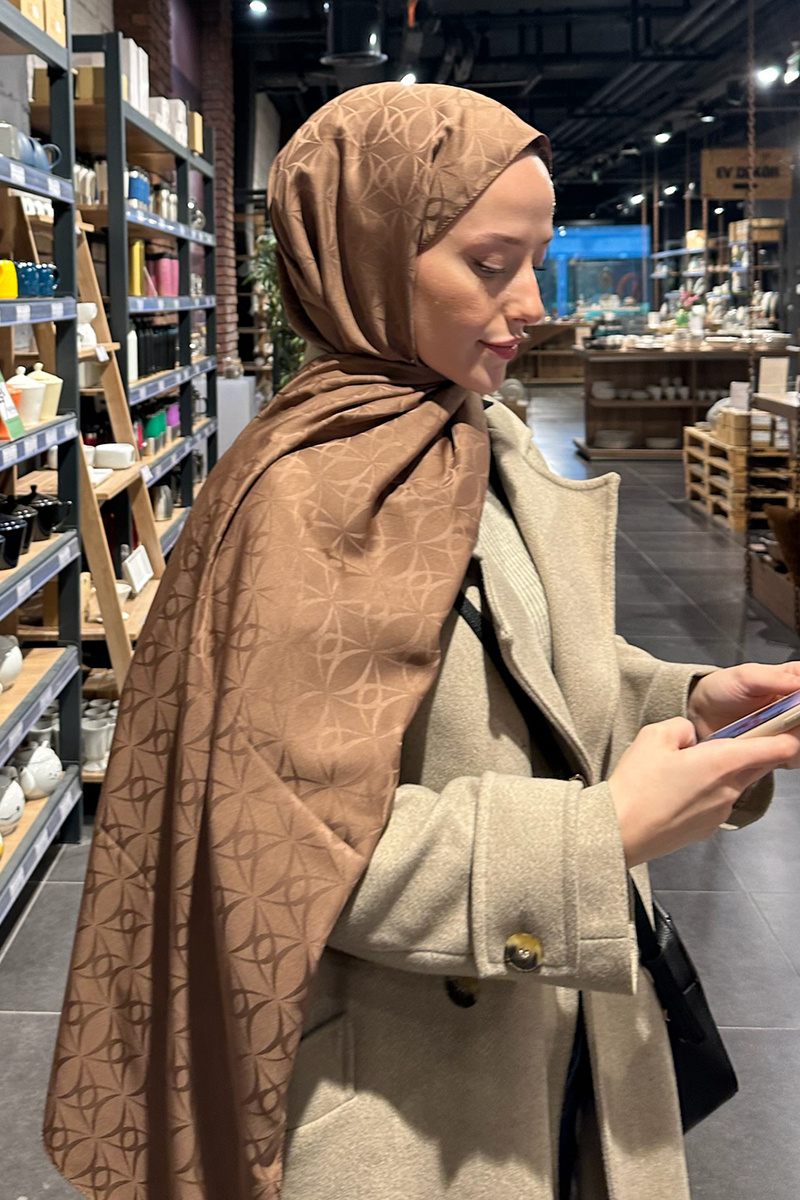 İpeksi Jakar Geometrik Desen Şal - Açık Kahve - 1