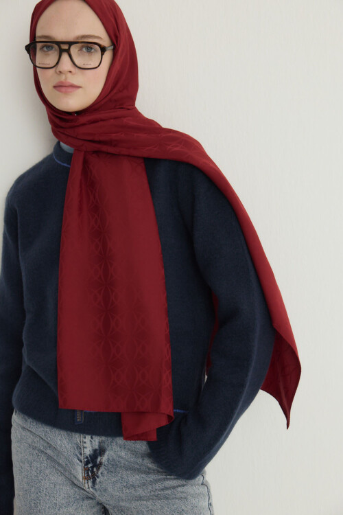 İpeksi Jakar Geometrik Desen Şal - Bordo - Camellia Scarfs