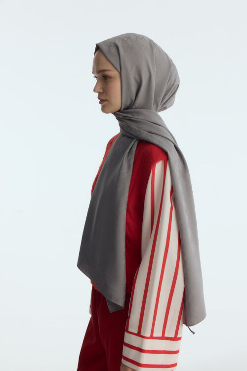 İpeksi Jakar Geometrik Desen Şal - Füme - Camellia Scarfs