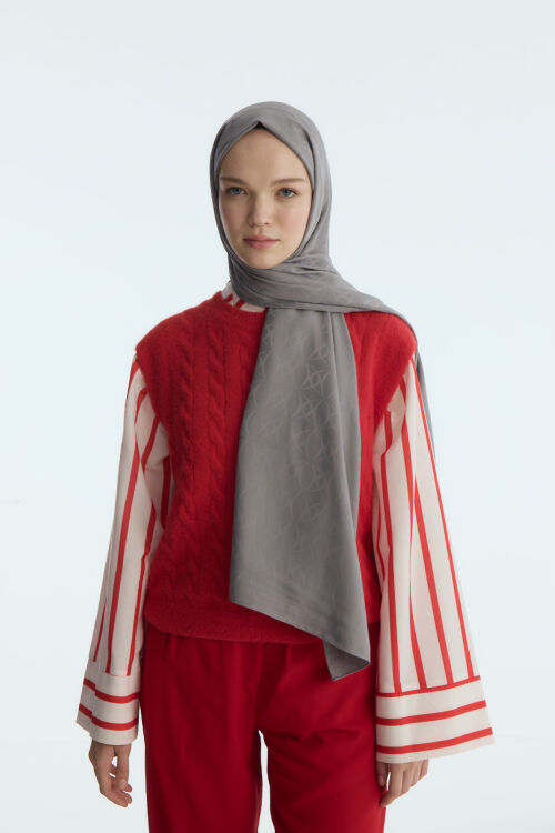 İpeksi Jakar Geometrik Desen Şal - Füme - Camellia Scarfs (1)