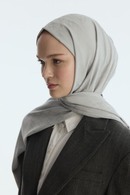 İpeksi Jakar Geometrik Desen Şal - Gümüş Gri - Camellia Scarfs