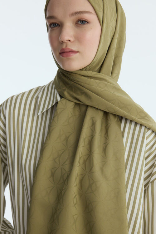 İpeksi Jakar Geometrik Desen Şal - Haki - Camellia Scarfs