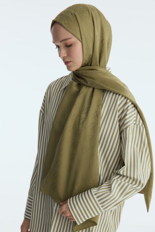 İpeksi Jakar Geometrik Desen Şal - Haki - Camellia Scarfs (1)
