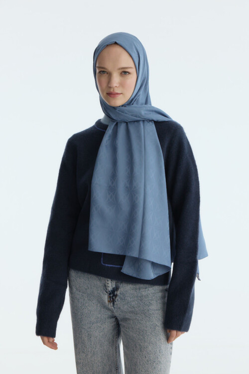 İpeksi Jakar Geometrik Desen Şal - İndigo - Camellia Scarfs (1)