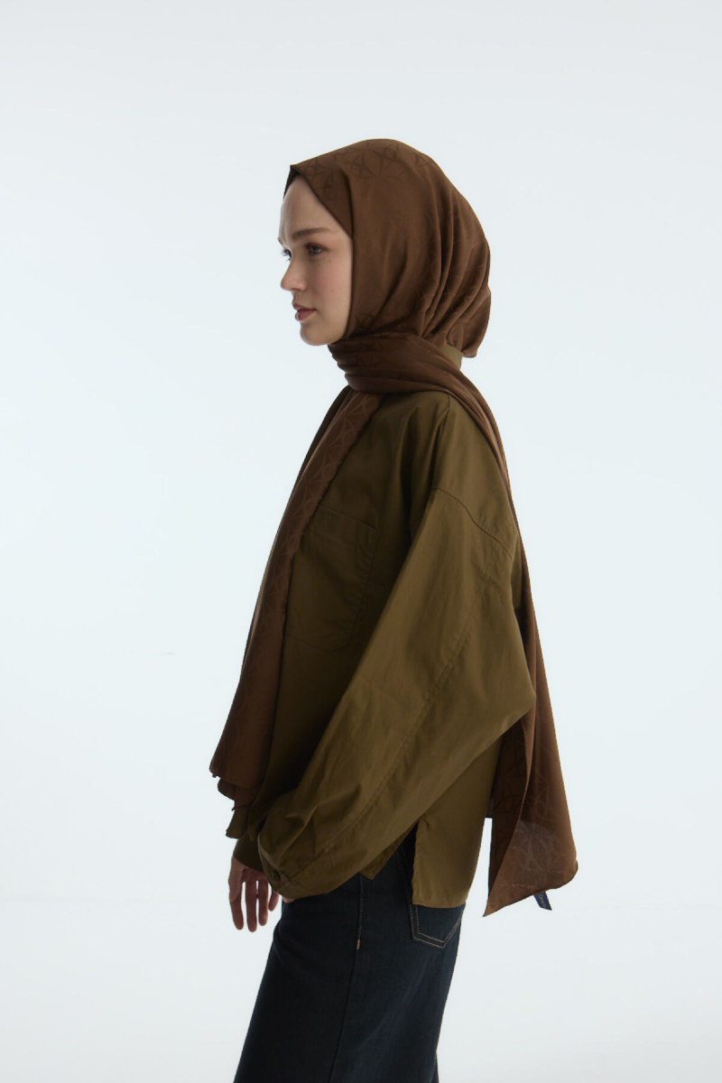 İpeksi Jakar Geometrik Desen Şal - Kahve - 5