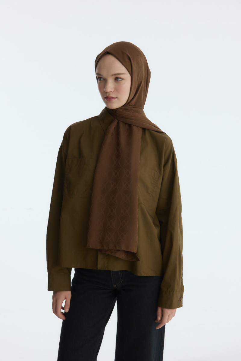 İpeksi Jakar Geometrik Desen Şal - Kahve - 4