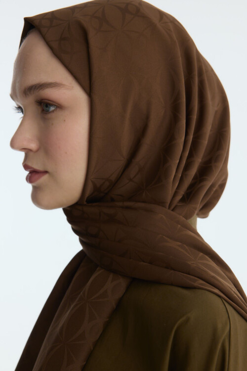 İpeksi Jakar Geometrik Desen Şal - Kahve - Camellia Scarfs (1)