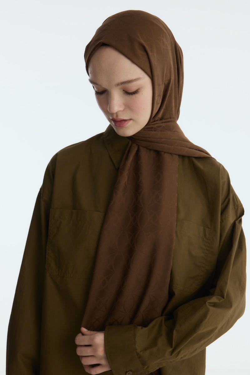 İpeksi Jakar Geometrik Desen Şal - Kahve - 3