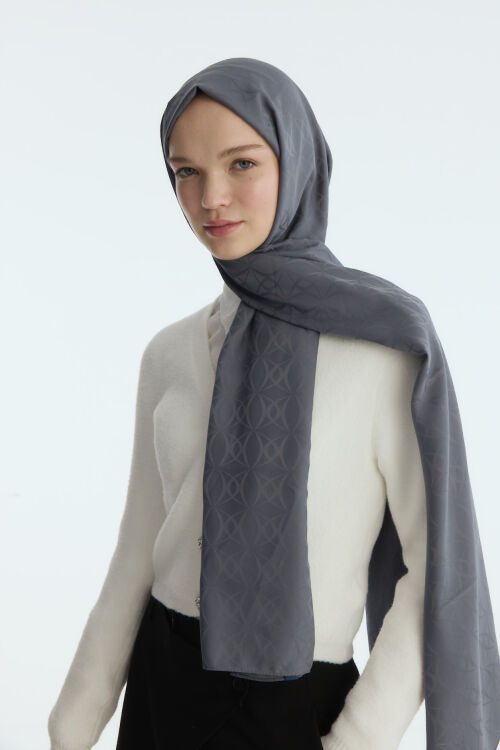 İpeksi Jakar Geometrik Desen Şal - Koyu Gri - Camellia Scarfs (1)