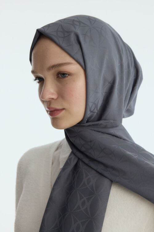 İpeksi Jakar Geometrik Desen Şal - Koyu Gri - Camellia Scarfs