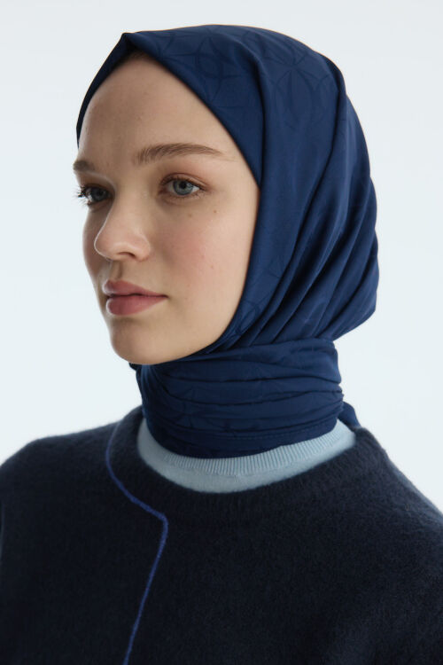 İpeksi Jakar Geometrik Desen Şal - Lacivert - Camellia Scarfs