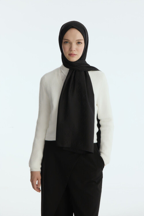 İpeksi Jakar Geometrik Desen Şal - Siyah - Camellia Scarfs (1)