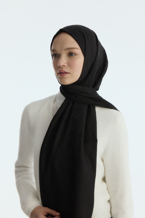 İpeksi Jakar Geometrik Desen Şal - Siyah - Camellia Scarfs