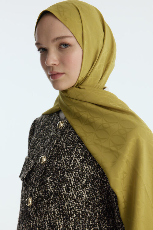 İpeksi Jakar Geometrik Desen Şal - Yağ Yeşilli - Camellia Scarfs