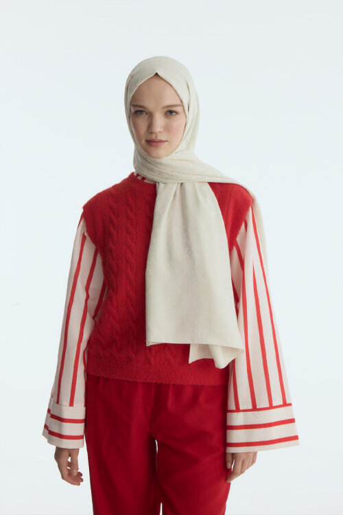 İpeksi Jakar Piramit Desen Şal - Badem Sütü - Camellia Scarfs