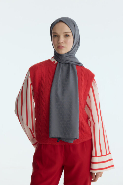 İpeksi Jakar Piramit Desen Şal - Füme - Camellia Scarfs