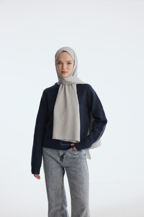 İpeksi Jakar Piramit Desen Şal - Gümüş Gri - Camellia Scarfs