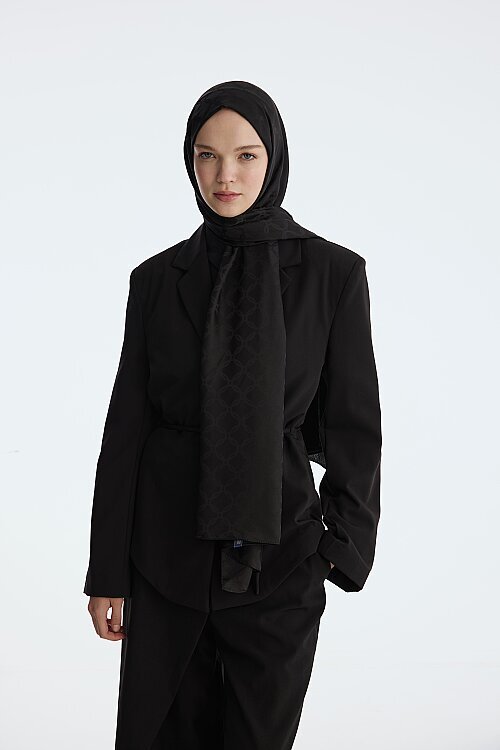 İpeksi Jakar Şal Zincir desen - Siyah - Camellia Scarfs