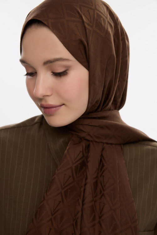 İpeksi Jakar V Desen Şal - Kahve - Camellia Scarfs