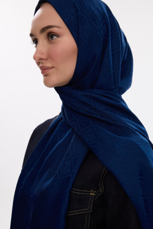 İpeksi Jakar V Desen Şal - Lacivert - Camellia Scarfs