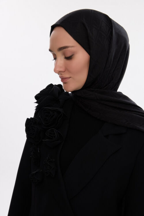 İpeksi Jakar V Desen Şal - Siyah - Camellia Scarfs
