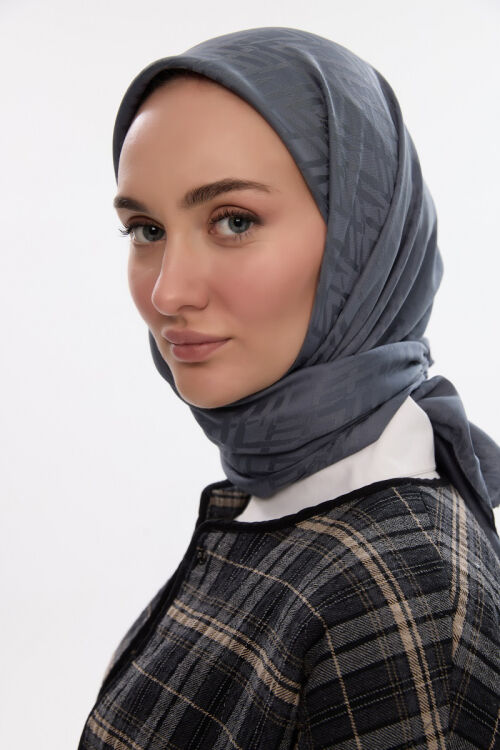 İpeksi Jakar Zikzak Desen Eşarp - Koyu Gri - Camellia Scarfs