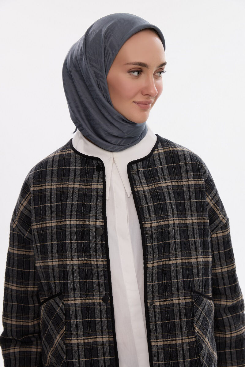 İpeksi Jakar Zikzak Desen Eşarp - Koyu Gri - 4