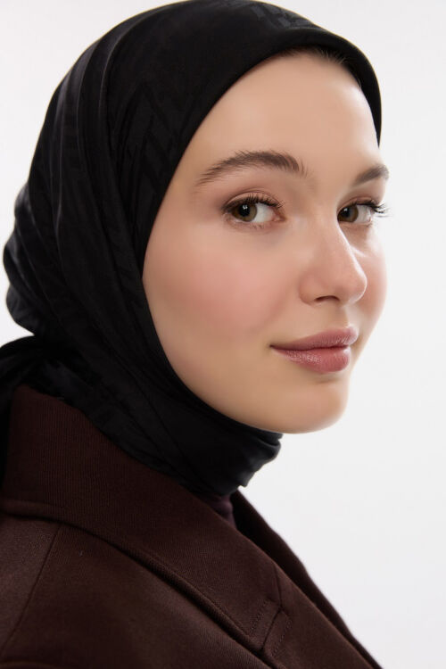 İpeksi Jakar Zikzak Desen Eşarp - Siyah - Camellia Scarfs