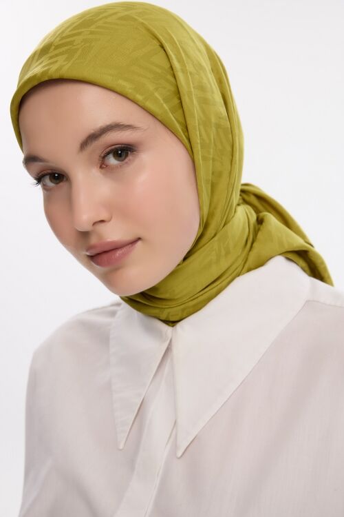 İpeksi Jakar Zikzak Desen Eşarp - Yağ Yeşilli 