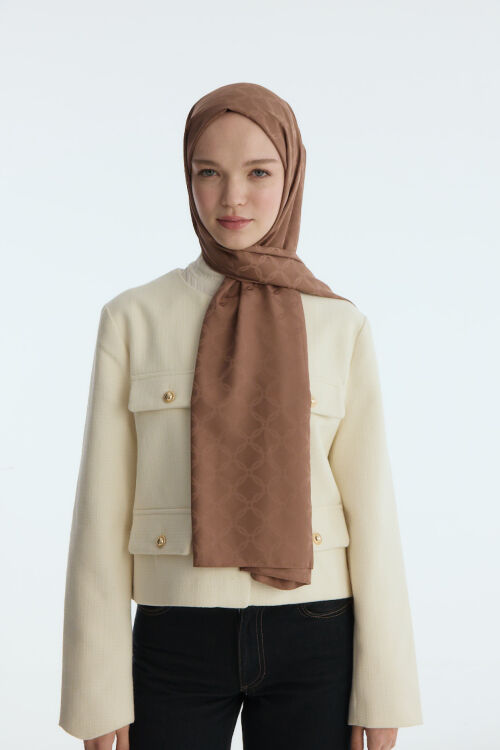 İpeksi Jakar Zincir Desen Şal - Açık Kahve - Camellia Scarfs (1)