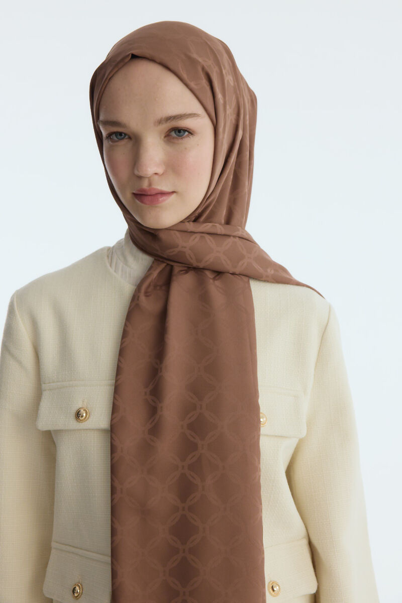 İpeksi Jakar Zincir Desen Şal - Açık Kahve - 4
