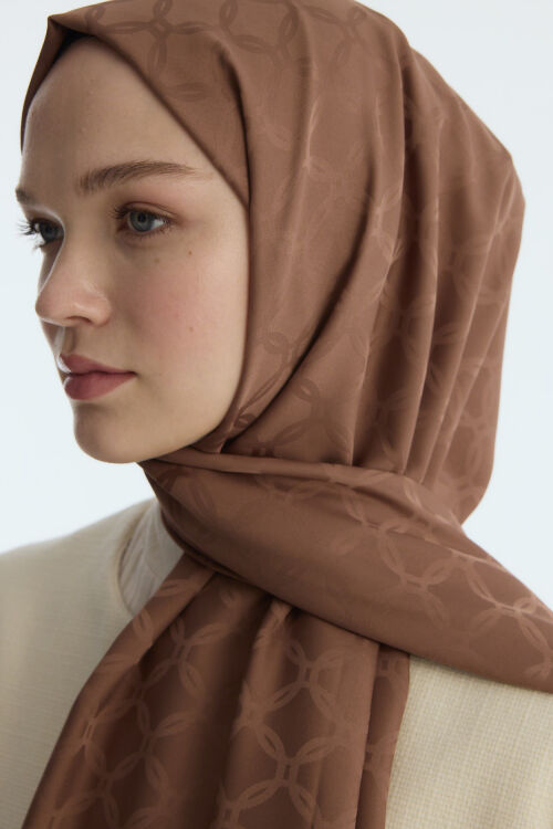 İpeksi Jakar Zincir Desen Şal - Açık Kahve - Camellia Scarfs