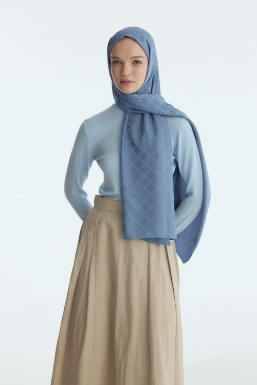 İpeksi Jakar Zincir Desen Şal - İndigo - Camellia Scarfs (1)