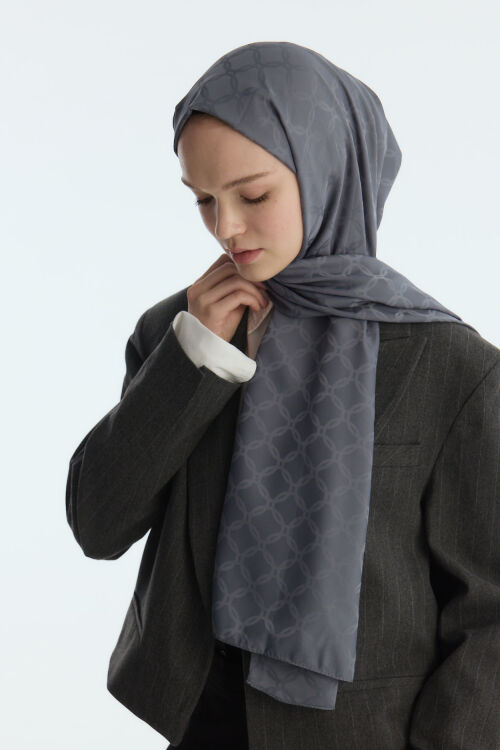 İpeksi Jakar Zincir Desen Şal - Koyu Gri - Camellia Scarfs