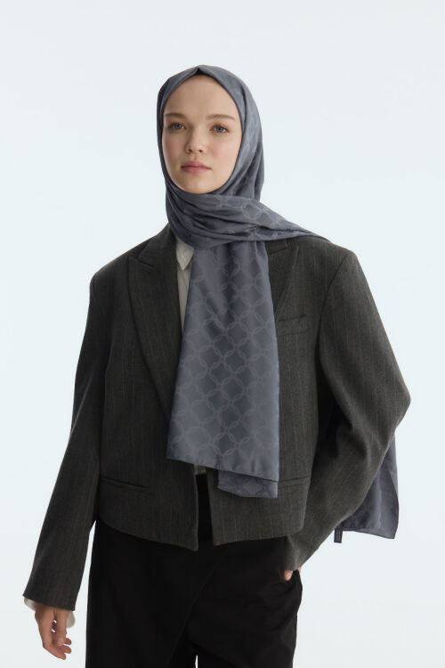 İpeksi Jakar Zincir Desen Şal - Koyu Gri - Camellia Scarfs (1)
