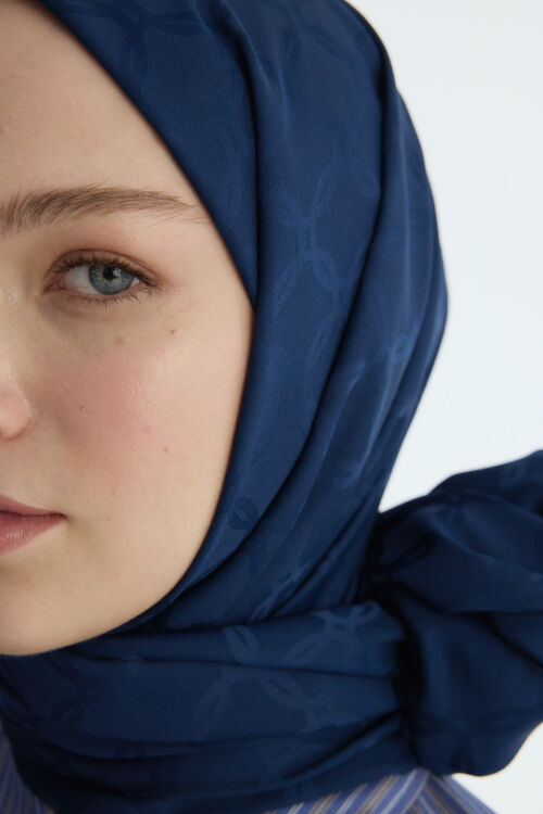 İpeksi Jakar Zincir Desen Şal - Lacivert - Camellia Scarfs