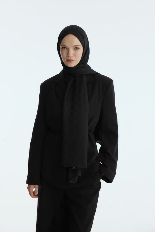 İpeksi Jakar Zincir Desen Şal - Siyah - Camellia Scarfs (1)