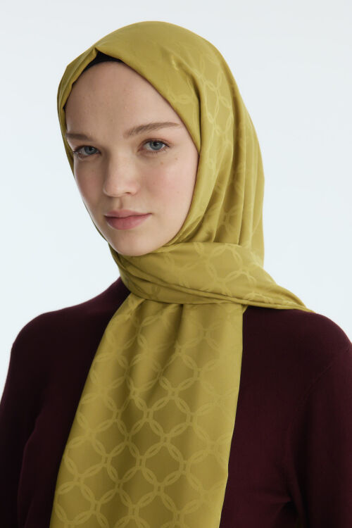 İpeksi Jakar Zincir Desen Şal - Yağ Yeşilli - Camellia Scarfs