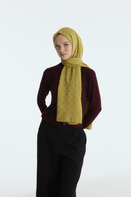 İpeksi Jakar Zincir Desen Şal - Yağ Yeşilli - Camellia Scarfs (1)