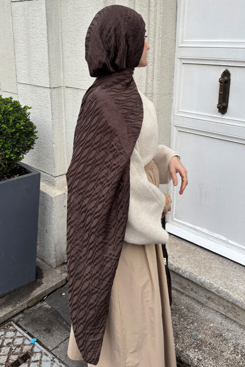 İtalyan Jakar Şal Dalga Desen - Acı Kahve - Camellia Scarfs