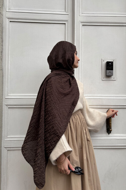 İtalyan Jakar Şal Dalga Desen - Acı Kahve - Camellia Scarfs (1)