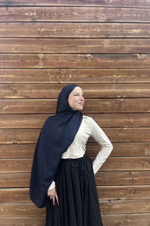 İtalyan Jakar Şal Dalga Desen - Gece Mavisi - Camellia Scarfs (1)