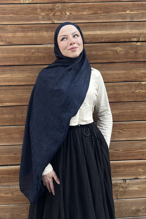 İtalyan Jakar Şal Dalga Desen - Gece Mavisi - Camellia Scarfs