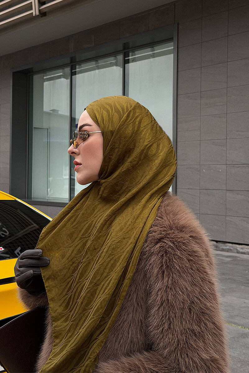 İtalyan Jakar Şal Dalga Desen - Yağ Yeşili - 2